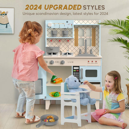 BIERUM Play Kitchen with Realistic Lights & Sounds, Wooden Kitchen Playset Chef Pretend Play Set for Toddlers, Toy Kitchen with 26 Pcs Toy Food & Cookware Accessories, Gift for Ages 3+
