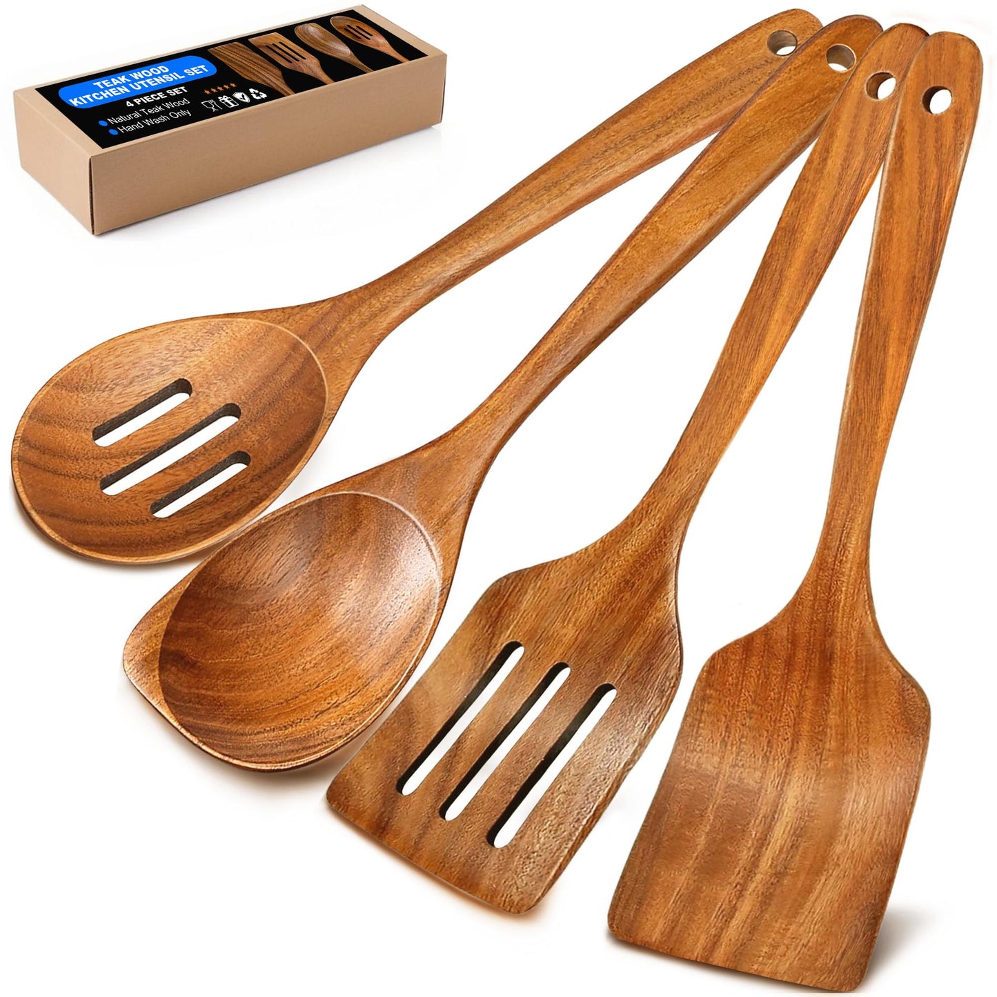 Wooden Spoons for Cooking, Teak Spatulas for Kitchen Use -Wooden Cooking Utensils Set of 4 for Nonstick Pans & Cookware – Sturdy& Heat Resistant, Includes Solid/Slotted Spatulas and Spoons