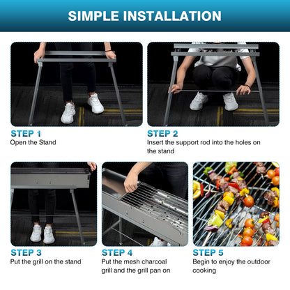 IRONWALLS Portable Charcoal Grills, L 32” x W 8” x H 31” Stainless Steel Folding Yakitori Grill with 25PCS 15” Kebab Skewers for Backyard Barbecue Outdoor Cooking Camping Hiking Picnic