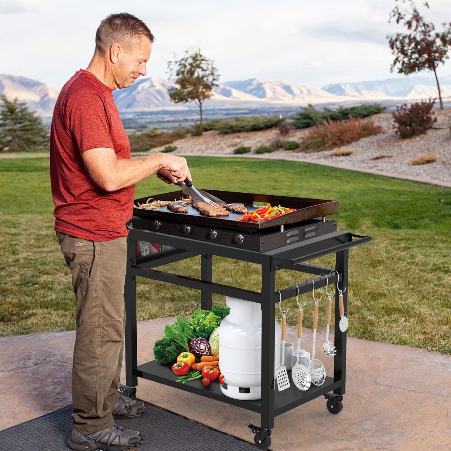 32"x 20" Stainless Steel Outdoor Grill Table, Movable Grill Cart, Outdoor Kitchen Island Prep Stand Station, Pizza Oven Table, Grill Stand Fits Griddle 17" 22", Rolling Bar Cart with 5 Utensil Hooks