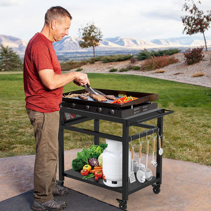 32"x 20" Stainless Steel Outdoor Grill Table, Movable Grill Cart, Outdoor Kitchen Island Prep Stand Station, Pizza Oven Table, Grill Stand Fits Griddle 17" 22", Rolling Bar Cart with 5 Utensil Hooks