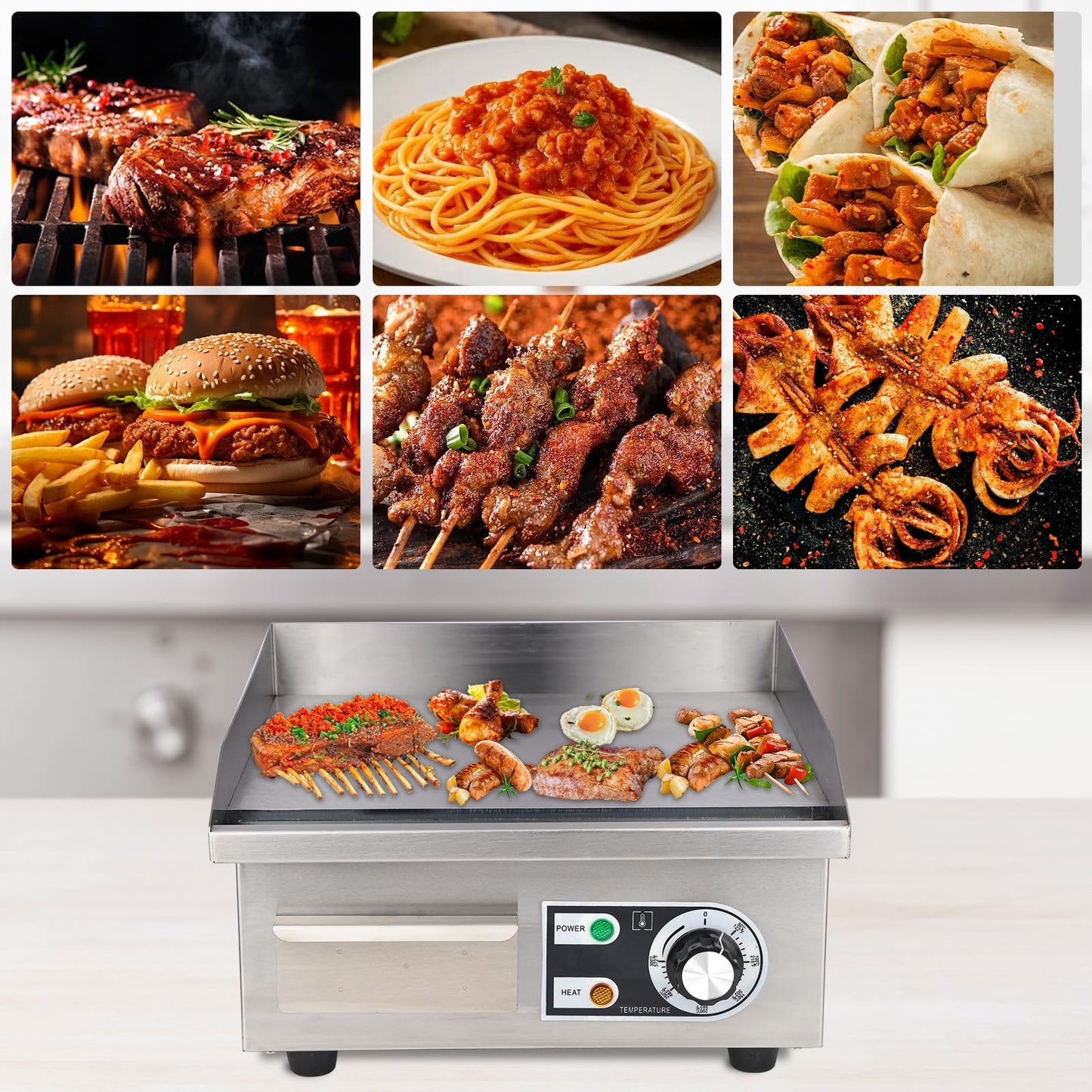 Commercial Electric Griddle, 14" Electric Countertop Flat Top Griddle,1600W 110V Non-Stick Electric Flat Top Grill Stainless Steel Teppanyaki Grill,122℉-572℉ Adjustable Temperature for Restaurant Home