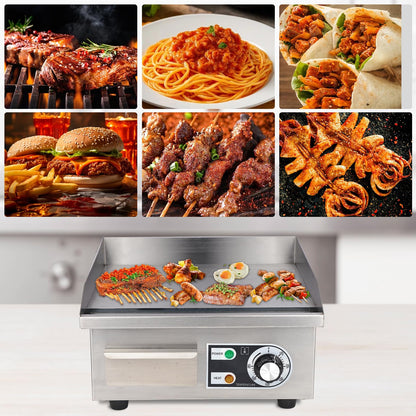 Commercial Electric Griddle, 14" Electric Countertop Flat Top Griddle,1600W 110V Non-Stick Electric Flat Top Grill Stainless Steel Teppanyaki Grill,122℉-572℉ Adjustable Temperature for Restaurant Home