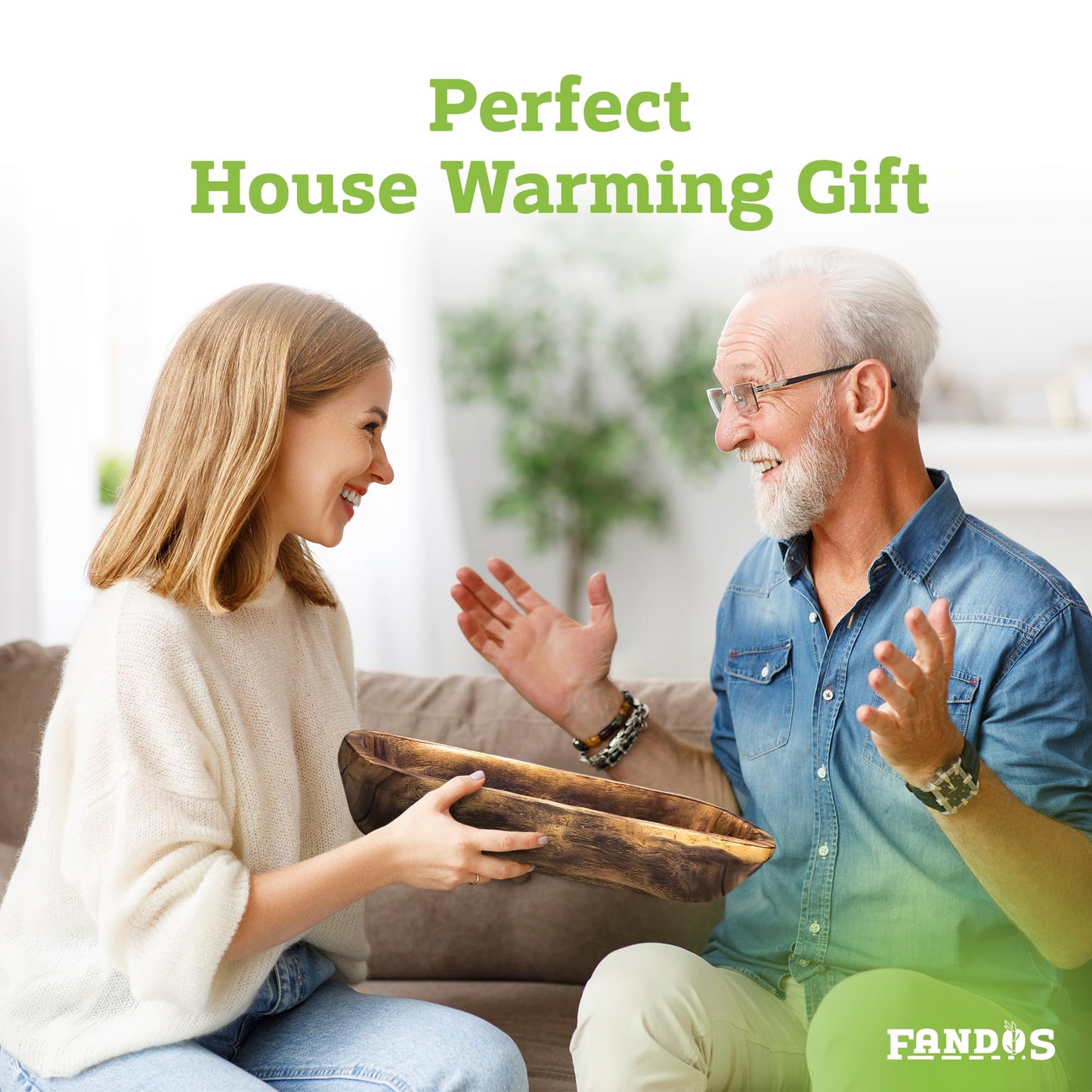 FANDOS Wooden Dough Bowl for Decor - 17¾ in Long Hand Carved Paulownia, Large Rustic Decorative Bowl for Home Table Centerpiece, Keys, Entryway Table, Catchall Tray & Wooden Dining Room Centerpiece