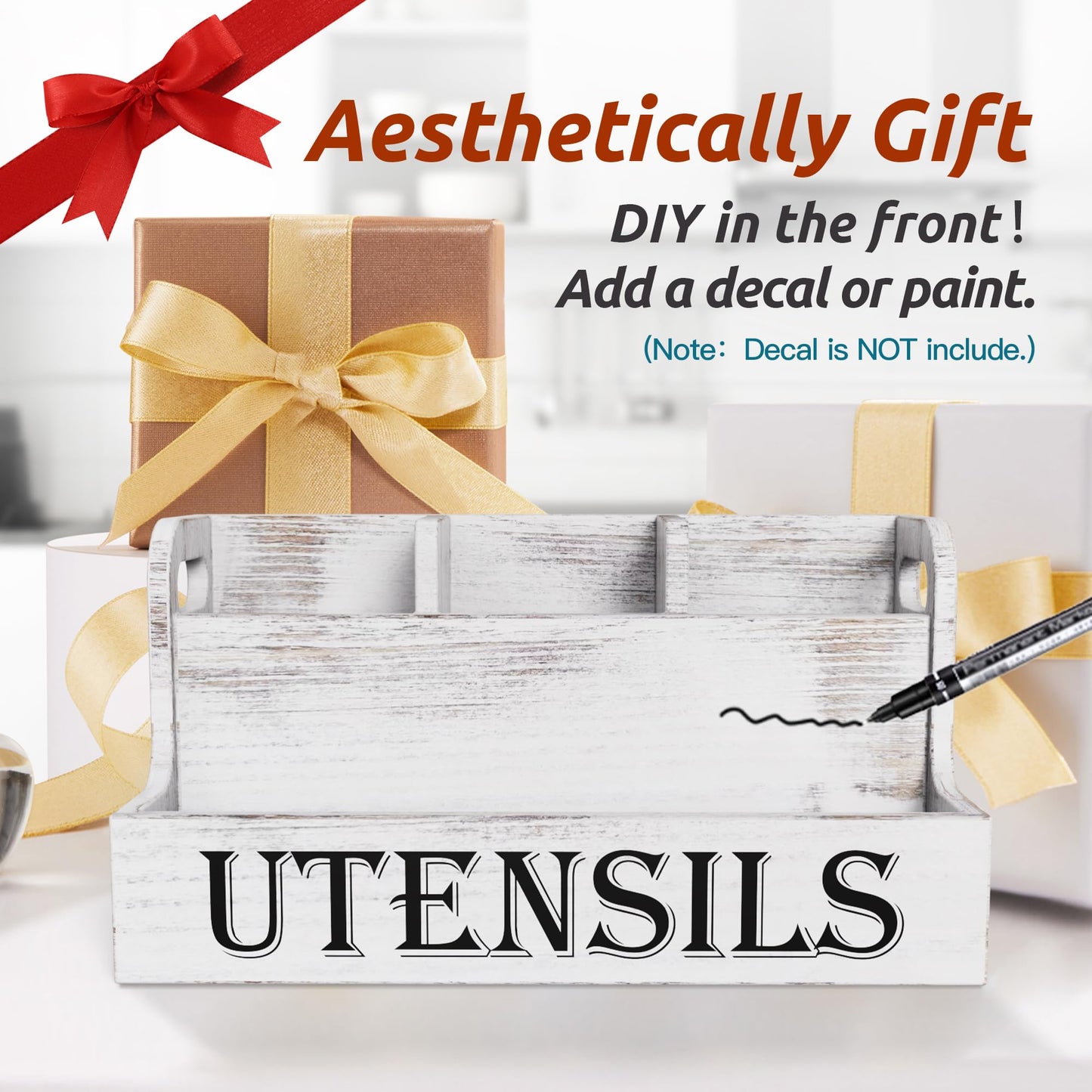 Suli Extra Large Kitchen Utensils Holder with 4 Compartments, White Wooden Utensil Organizer for Kitchen Countertop, Farmhouse Utensil Storage, Rustic Cooking Utensils - White Grain