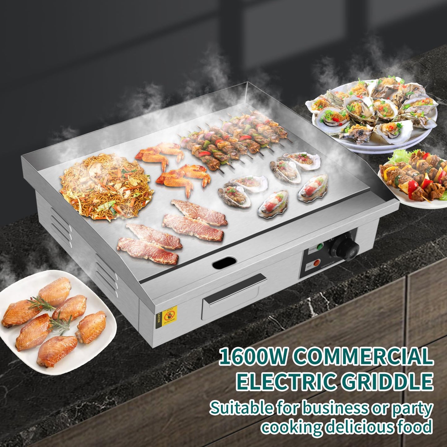 Jacgood Commercial Electric Griddle 22", Flat Top Grill, Countertop Griddle, 1600W 110V, Non-Stick Stainless Steel Teppanyaki Grill, Adjustable Temperature Control 122℉-572℉ for Restaurant Kitchen