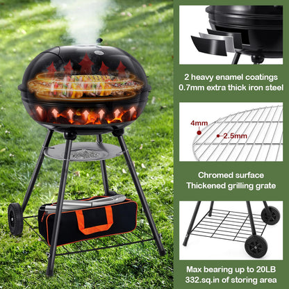 22-inch Charcoal Kettle Grill Set of 31, HaSteeL 2 Layer Grilling Racks Outdoor BBQ Grill, Heavy Duty Large Enameled Grills with Grilling Accessories for Camping Backyard Picnic, Barbecue Spatula