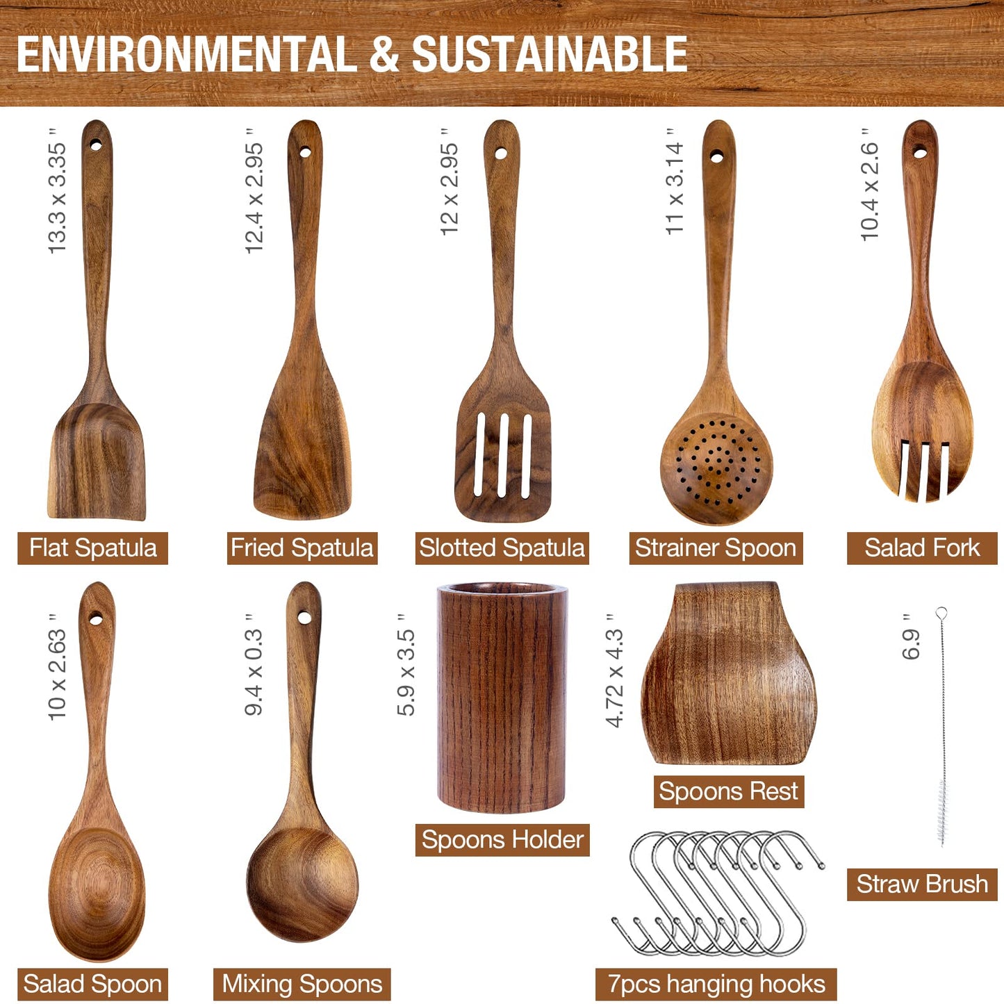 Teak Wood Cooking Utensils Set - 9-Piece Nonstick Safe Kitchen Utensils with Holder, Spoon Rest & 6 Metal Hooks, Natural Wooden Cookware for Nonstick Pans (Premium Durable Utensil Set