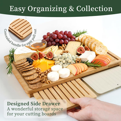 Kikcoin Bamboo Cutting Board Set with Defrosting Tray, Wood Cutting Boards for Kitchen with Deep Juice Grooves & Built-in Organizer Meal Prep Charcuterie& Chopping Board for Meat, Vegetables and Bread