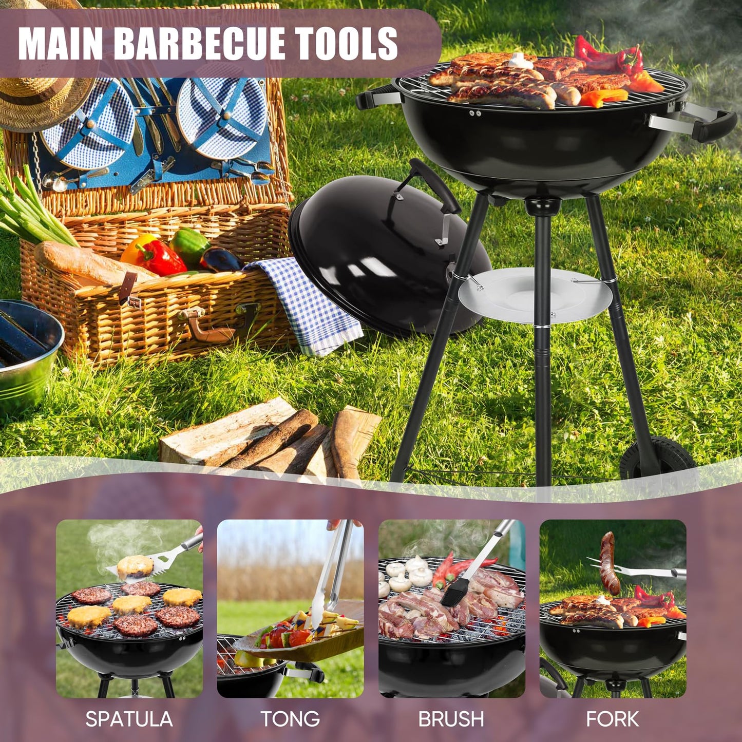 HaSteeL 18 Inch Charcoal Grill, 2-In-1 Kettle Outdoor Barbecue Grill, Portable Black BBQ Grill for Camping/Backyard/Patio/Picnic, Porcelain-Enameled Lid & Fire Bowl, 254.SQ.IN Cooking Area, 29Pcs