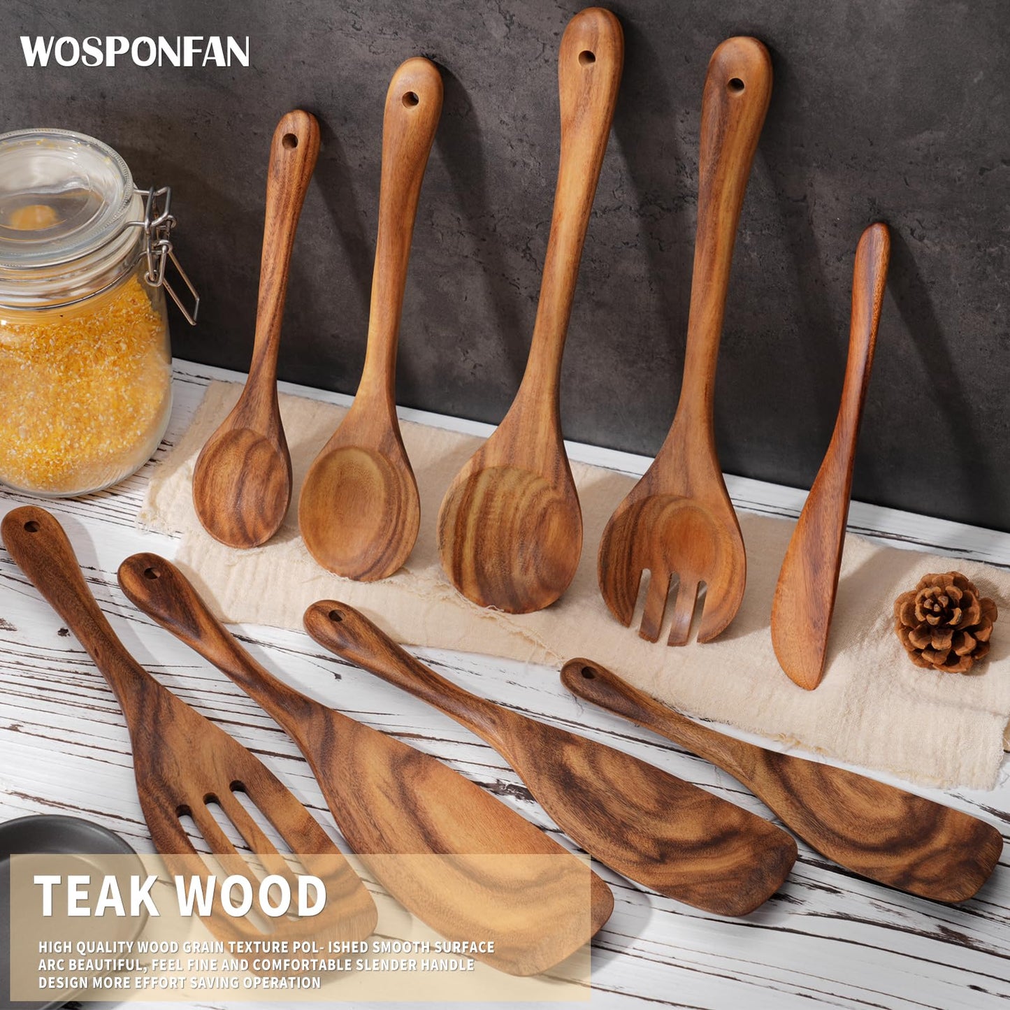 WOSPONFAN Wooden Cooking Utensils Set, 9 PCS Teak Wood Spoons, Spatula, Slotted Spoon, Handmade Modern Kitchen Utensils