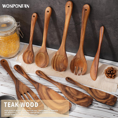 WOSPONFAN Wooden Cooking Utensils Set, 9 PCS Teak Wood Spoons, Spatula, Slotted Spoon, Handmade Modern Kitchen Utensils