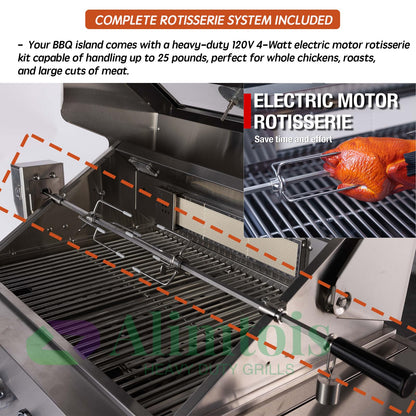 Alimtois BBQ Island Outdoor Kitchen: 84-Inch 4-Burner 72000 BTU Modular Outdoor Kitchen with Grill + Sink + Storage Cabinet & Rotisserie Kit - BBQ Grill Islands Built-in Combo