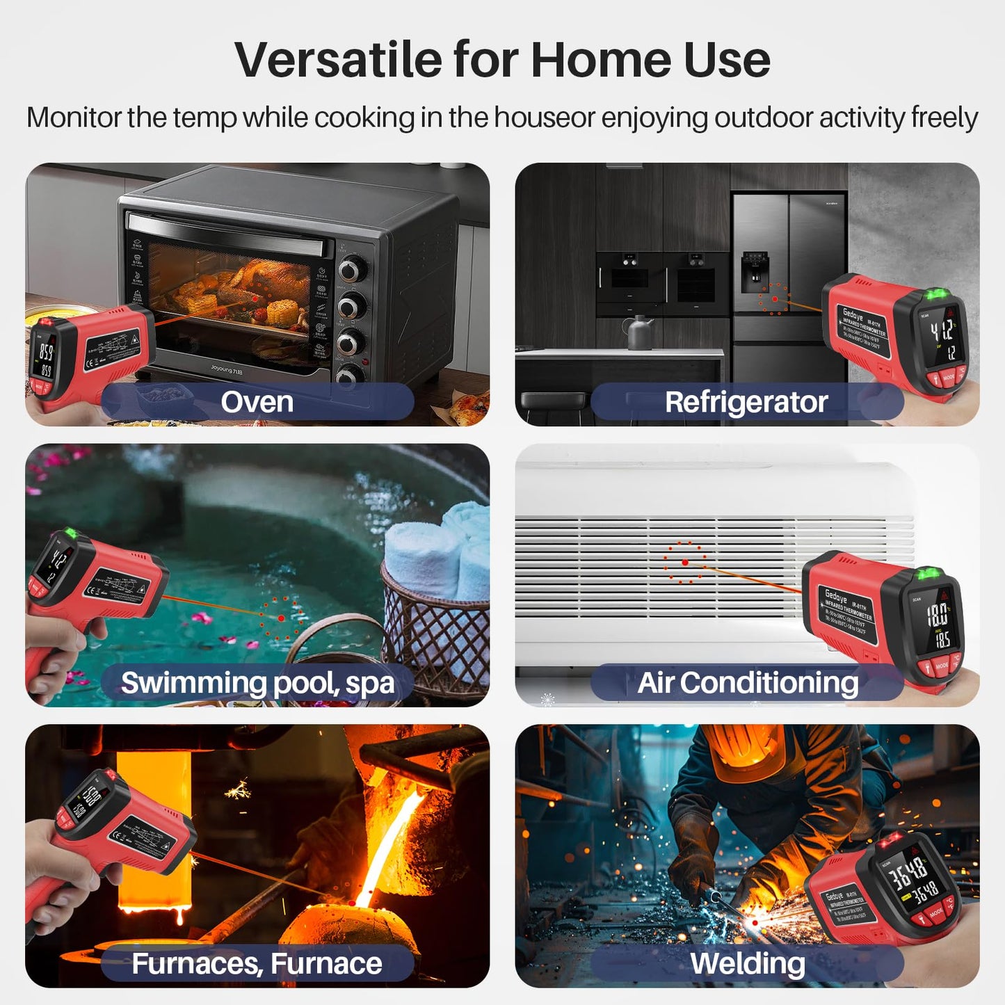 Infrared Thermometer Gun, Gedaye Laser Temperature with IR Pointer 13:1, Meat Temp Gun with Metal Probe, Adjustable Emissivity, -58℉ to 1076℉, Heat Thermometer for Cooking Pizza Oven Grill Fridge BBQ