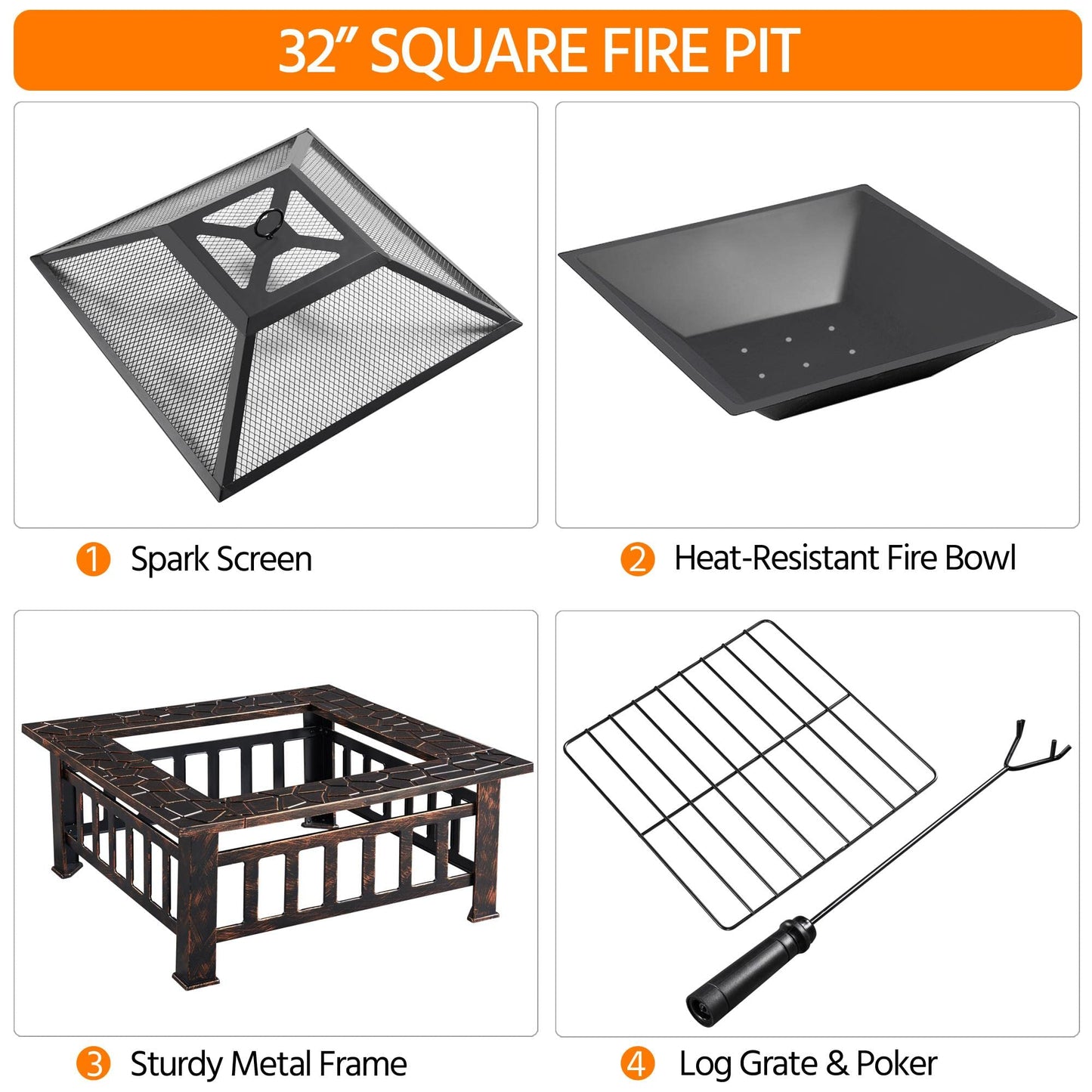 Yaheetech 32in Outdoor Firepit Square Table Backyard Patio Garden Stove Wood Burning Fire Pit with Spark Screen, Log Poker and Cover