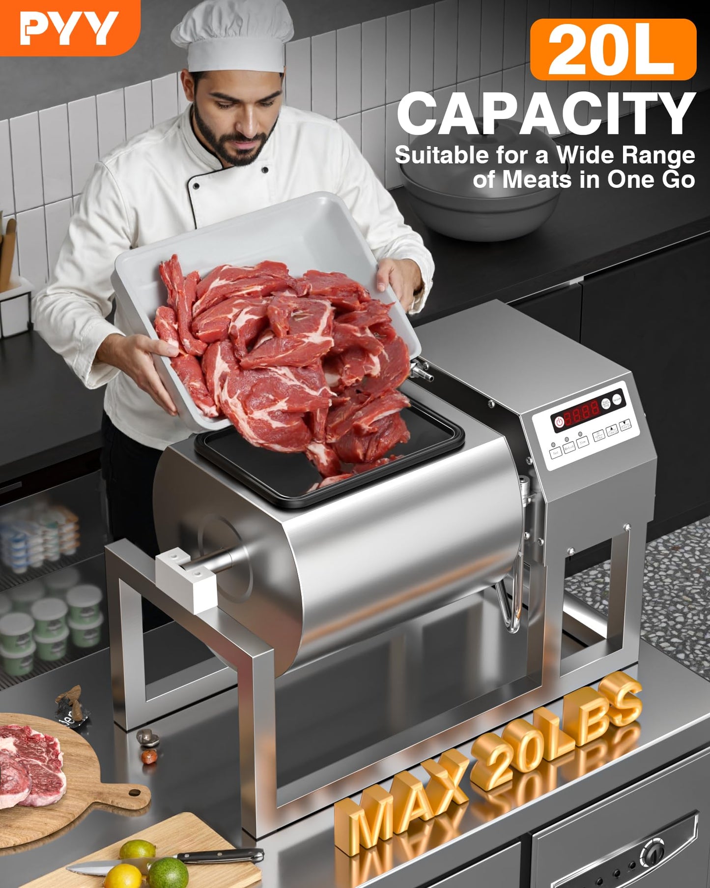 PYY Vacuum Tumbler Marinator - Max.20LBS Commercial Meat Tumbler Marinator 20L 30Min Fast Marinating,80W Copper Motor, Bidirectional Rotation,3 Speeds,Stainless Steel Meat Tumbler for Catering Kitchen