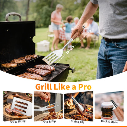 16 Inch Grilling Accessories Set, Heavy Duty Stainless Steel BBQ Accessories Tools and Grill Accessories for Outdoor Grill with Spatula, Fork, & Tongs - Grilling Gifts for Men Women Father