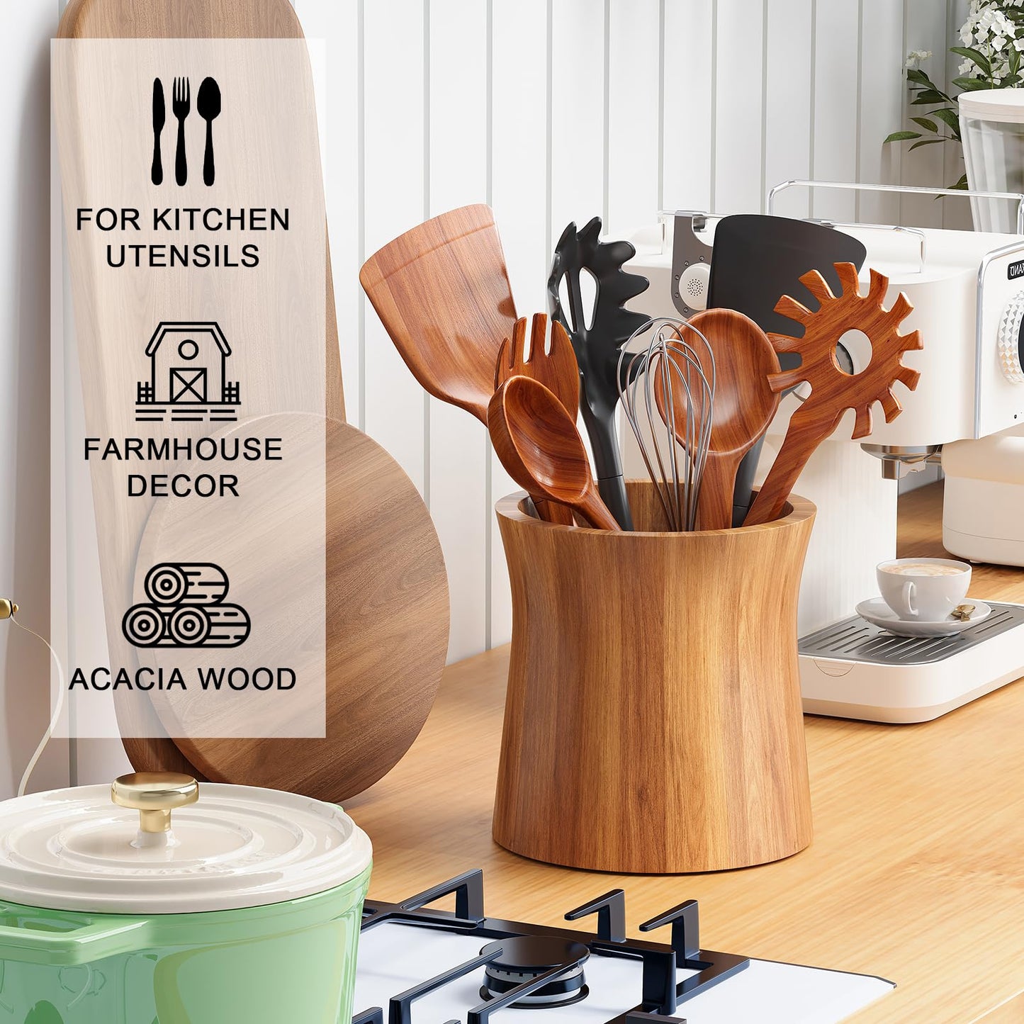 WBKATN Acacia Wood Utensil Holder for Kitchen Counter, 360° Rotating Wooden Large Cooking Utensils Holder for Countertop, Farmhouse Spoon Crock, Spatula Storage Organizer, Rustic Kitchen Decor