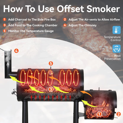 GREEN PARTY BBQ Charcoal Grill with Offset Smoker, 2 in 1 Smoker and Charcoal Grill combo, 512 Square Inch Space Barrel Charcoal Smoker Grill for Outdoor Camping Patio Backyard Cooking, Medium