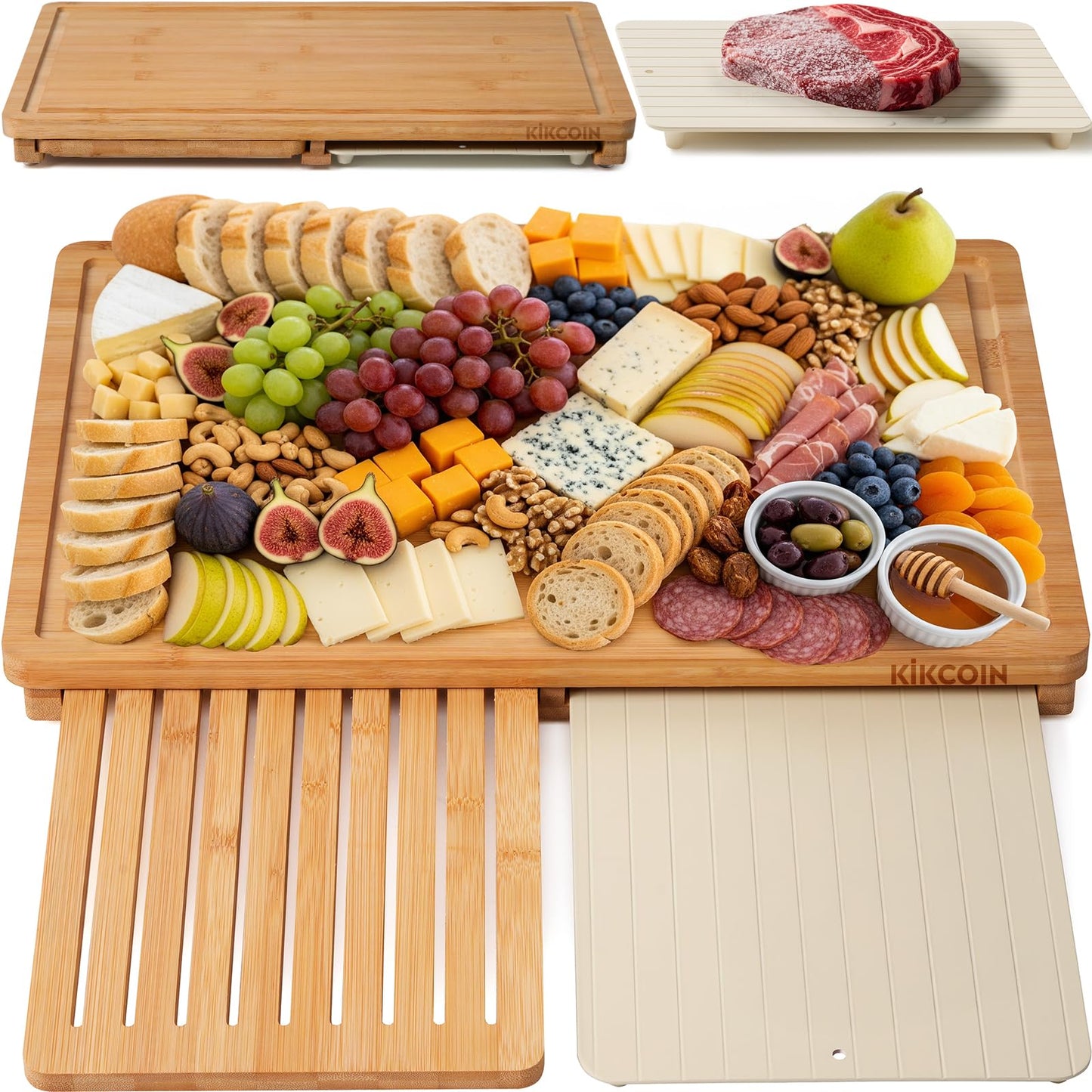 Kikcoin Bamboo Cutting Board Set with Defrosting Tray, Wood Cutting Boards for Kitchen with Deep Juice Grooves & Built-in Organizer Meal Prep Charcuterie& Chopping Board for Meat, Vegetables and Bread