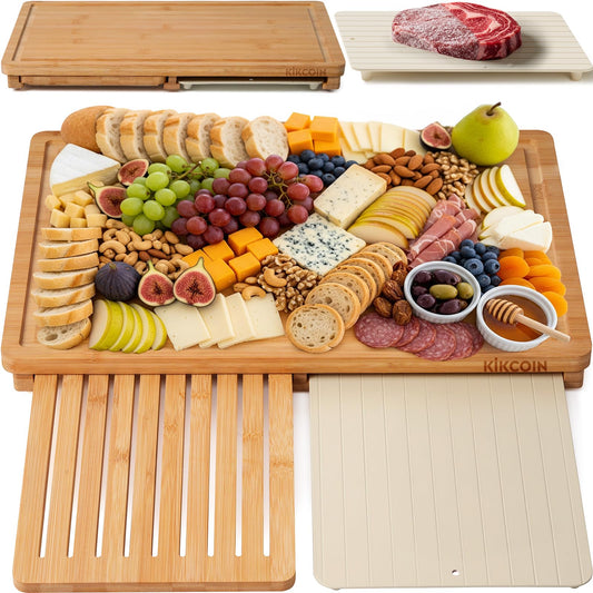 Kikcoin Bamboo Cutting Board Set with Defrosting Tray, Wood Cutting Boards for Kitchen with Deep Juice Grooves & Built-in Organizer Meal Prep Charcuterie& Chopping Board for Meat, Vegetables and Bread