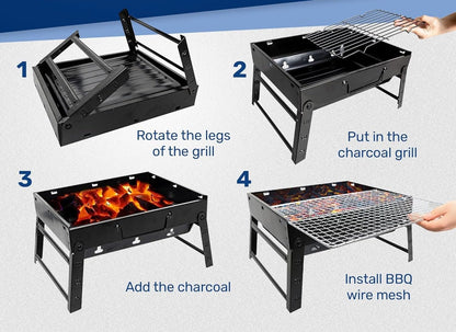 SURPZON Portable Charcoal BBQ Grill - Folding Smoker, Perfect for Camping, Picnics, Garden & Beach Parties, Black