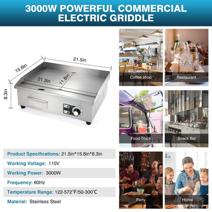 IRONWALLS Commercial Electric Griddle 22”, 3000W Electric Flat Top Griddle Grill Indoor with 122~572℉ Adjustable Temperature Control, Non-stick Stainless Steel Teppanyaki Grill for Restaurant, Hotel