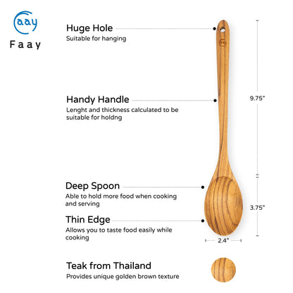 FAAY 13.5" Teak Cooking Spoon, Wooden Spoon, Mixing Spoon Handcraft from Teak | Healthy and High Moist Resistance for Non Stick Cookware