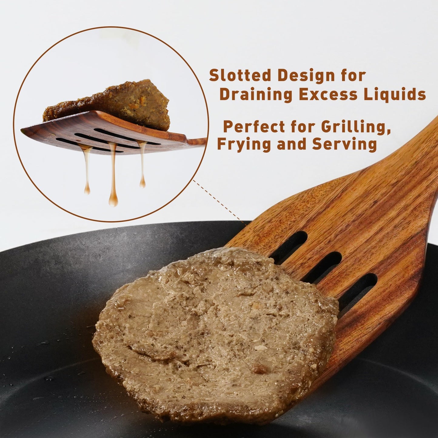 FJNATINH Wooden Slotted Spatula for Cooking, Nonstick Teak Slotted Turner, Flat Wooden Kitchen Cooking Spatula Turner for Frying Flipping Kitchen Utensil Pancake