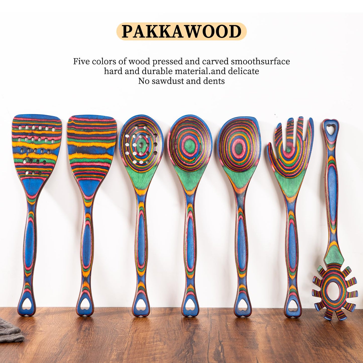 Gudamaye Pakkawood 7-Piece Wooden Cooking Utensils, Wooden Spoons for cooking, Pakkawood kitchen Utensils for Cooking, Non-Stick Spoon, Household Essentials, Heat-Resistant Spoons