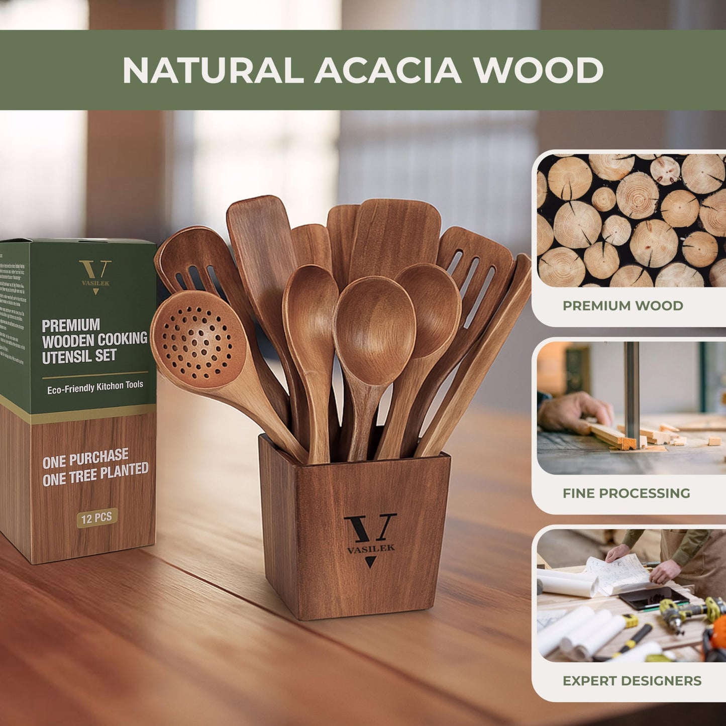 Vasilek Wooden Cooking Utensils Set – 12-Piece Acacia Wood Kitchen Utensil Set with Holder & Spoon Rest, Non Toxic Wooden Tools for Nonstick Cookware, Spatula, Ladle, Serving Spoon