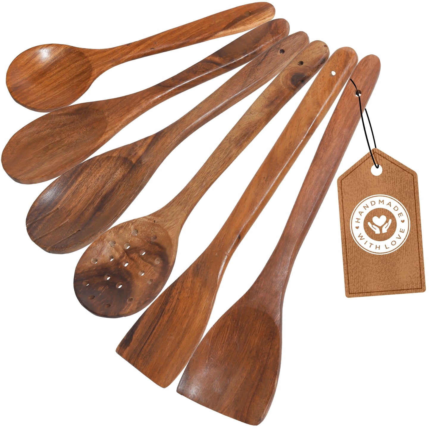 Wooden Cooking Spoons – 8 Pcs Teak & Acacia Wood Kitchen Utensil Set with Rotating Holder, Spatulas, Salad Fork, Skimmer, Spoon Rest, Wooden Knife – Nonstick, Heat-Resistant, Natural Utensils