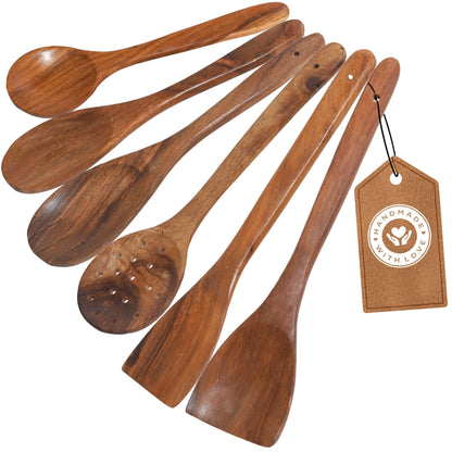 Wooden Cooking Spoons – 8 Pcs Teak & Acacia Wood Kitchen Utensil Set with Rotating Holder, Spatulas, Salad Fork, Skimmer, Spoon Rest, Wooden Knife – Nonstick, Heat-Resistant, Natural Utensils