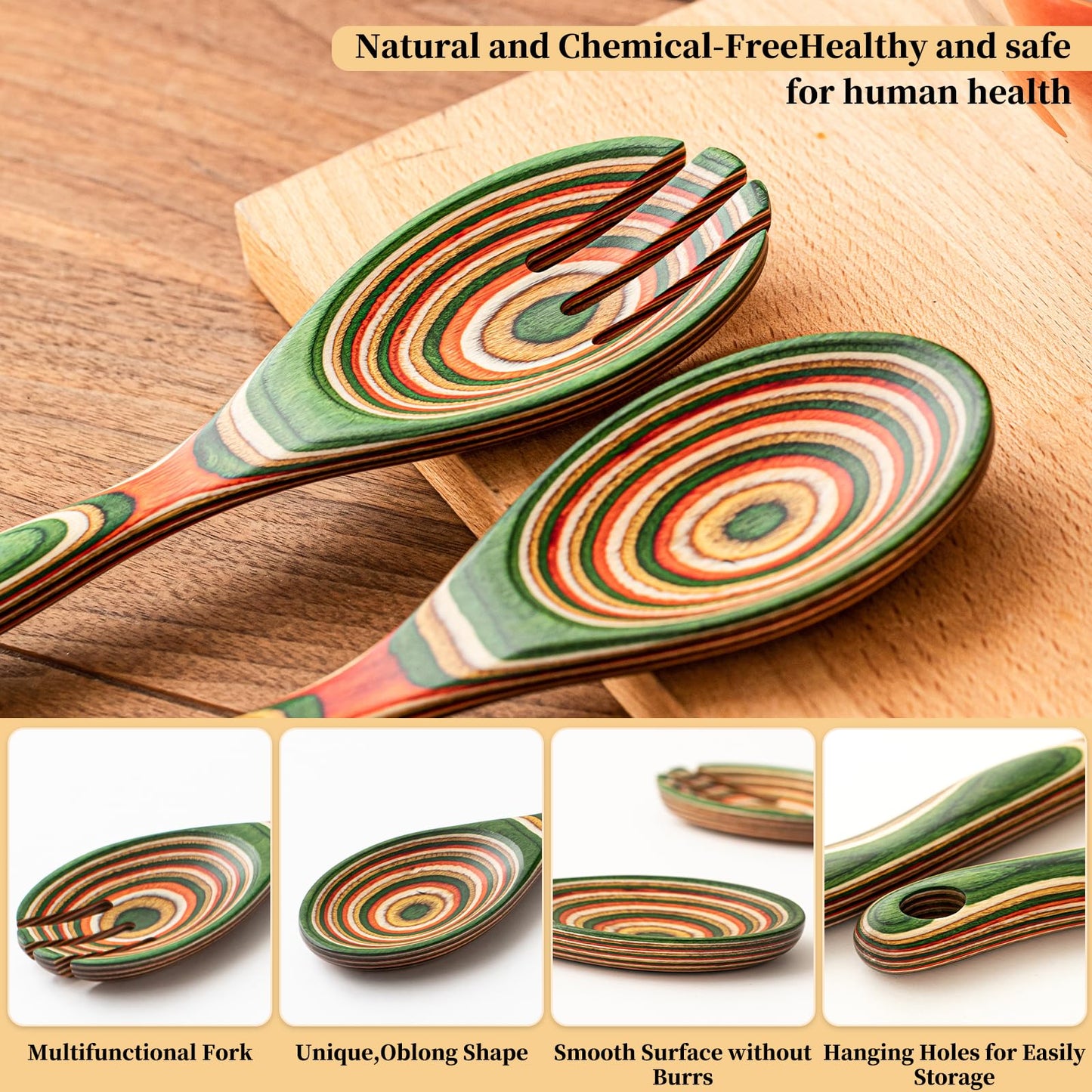 Gudamaye Pakkawood Wooden Salad Server Set,10.5 inch Salad Tongs for Serving including Salad Mixing Dinner Fork and Spoon,Long Handle Salad Server Set