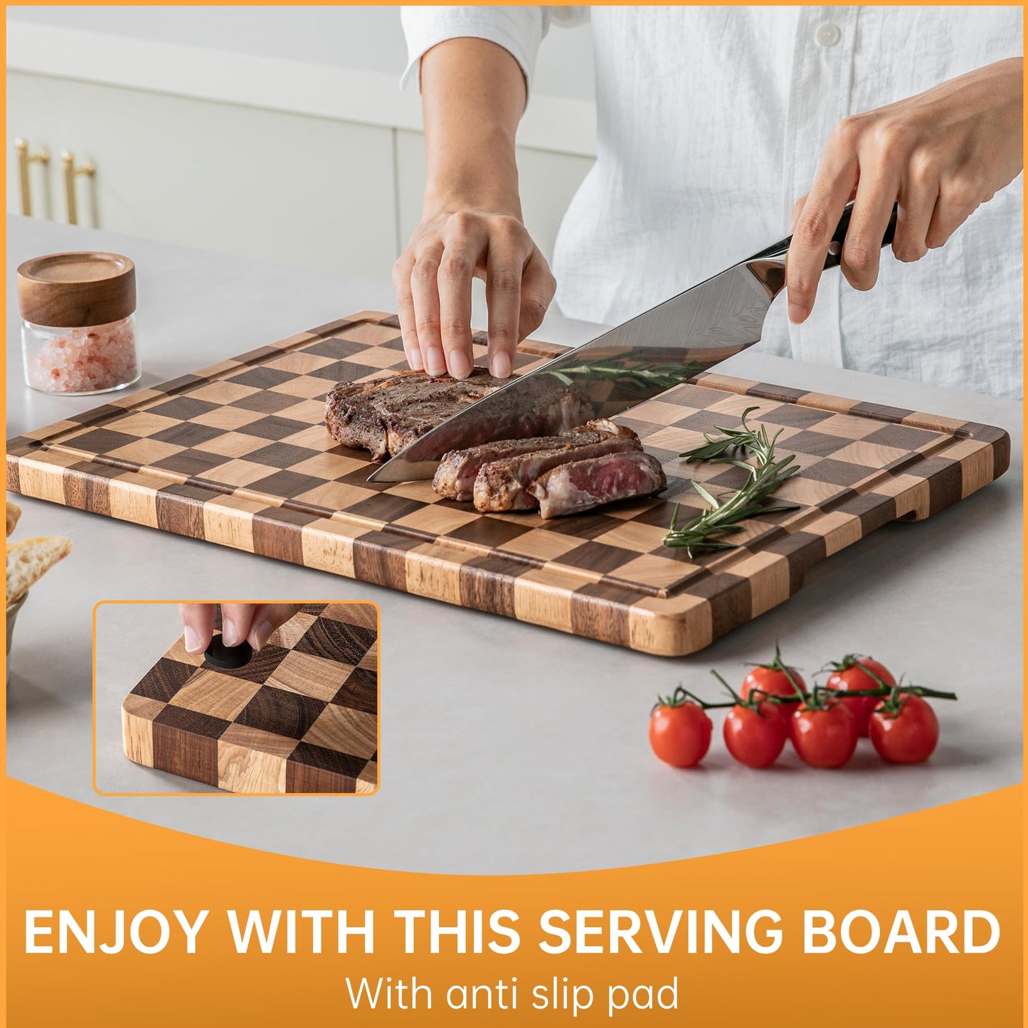 THETCHRY Cutting Boards for Kitchen, Checkered Cutting Board Upgraded, Acacia Wood Chopping Board with Juice Grooves & Handles, Large Butcher Block Serving Tray with Gift Box, 16.5" x 11.6" x 0.8"