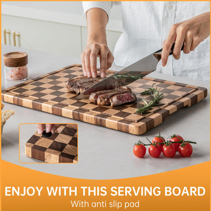 THETCHRY Cutting Boards for Kitchen, Checkered Cutting Board Upgraded, Acacia Wood Chopping Board with Juice Grooves & Handles, Large Butcher Block Serving Tray with Gift Box, 16.5" x 11.6" x 0.8"