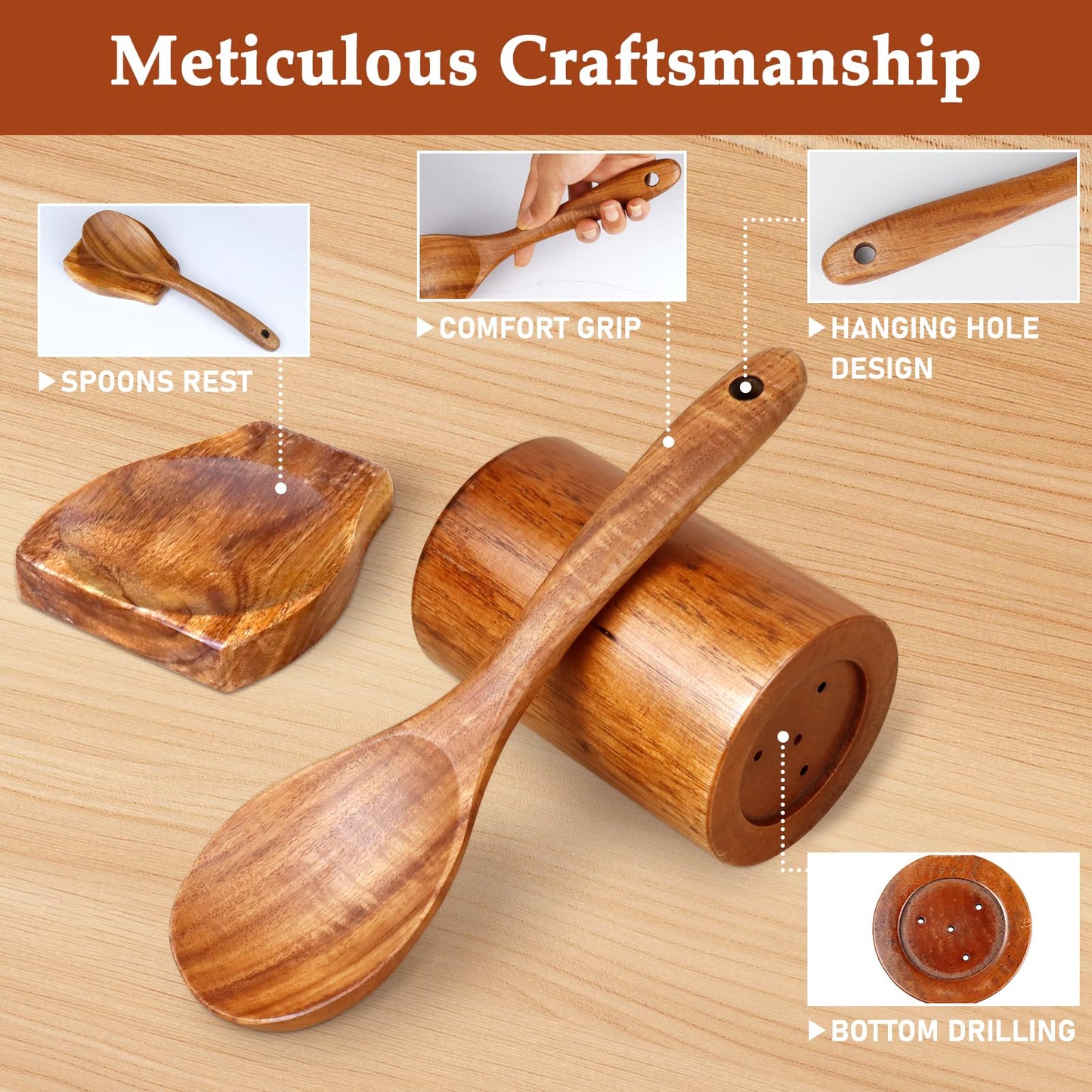 Wooden Spoons for Cooking 9 Pieces - Kitchen Wooden Cooking Utensils Set - Smooth Teak Utensils with Comfort Grip, Wood Spatula and Spoons Perfect for Cooking, Non-Stick Cookware