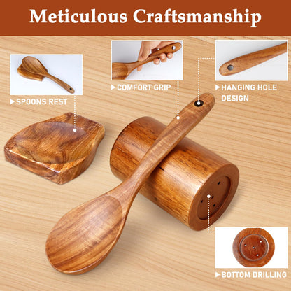 Wooden Spoons for Cooking 9 Pieces - Kitchen Wooden Cooking Utensils Set - Smooth Teak Utensils with Comfort Grip, Wood Spatula and Spoons Perfect for Cooking, Non-Stick Cookware