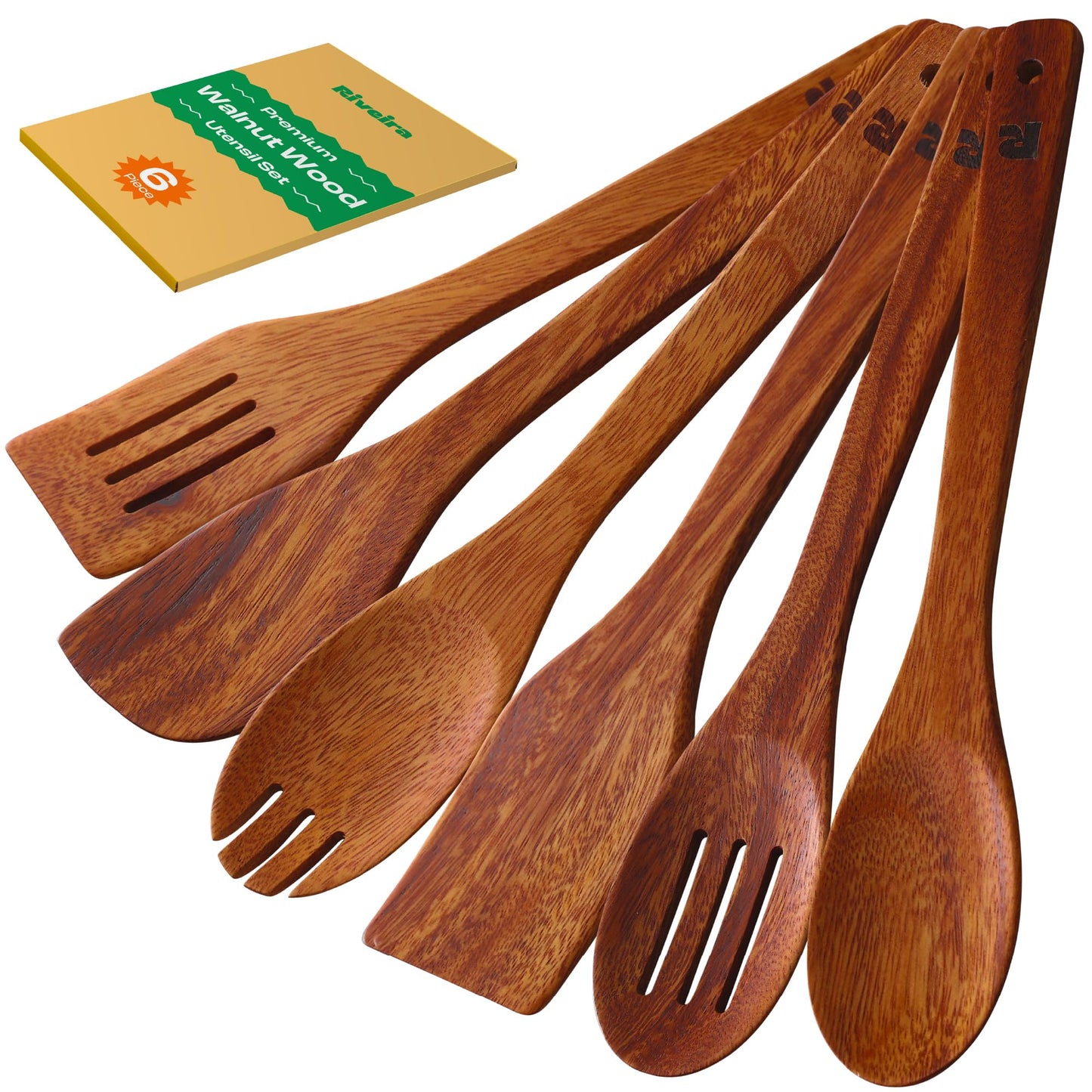 Riveira Walnut Wooden Spoons for Cooking Set of 6 – Natural Walnut Wooden Cooking Utensils, Spatula, Spoon - Premium Quality Utensil Set for Non-Toxic Cooking