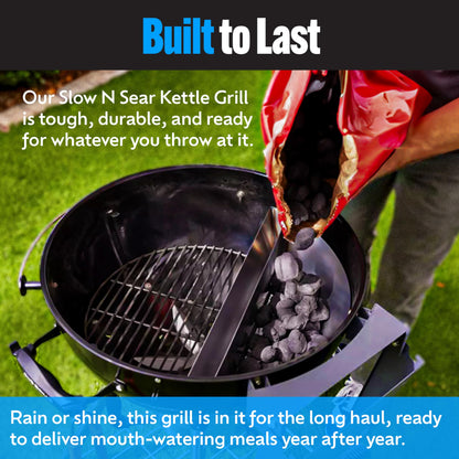 SnS Grills Original Kettle Charcoal Grill with Patented Slow 'N Sear Deluxe Insert and EasySpin Grate for Two-Zone Cooking, Low ‘N Slow Smoking and BBQing - Black 22-Inch