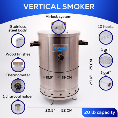 Universal 20-pound Stainless Steel (25-servings) Charcoal Barrel Smoker with Thermometer & Airlock system - 20.5"x 29.6" x ⌀15.5", 2 in 1 Vertical Grill and Smoker, Slow Cooking Barrel