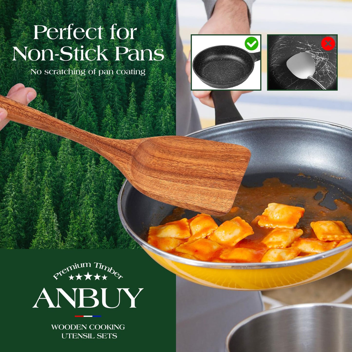 ANBUY Teak Wood Kitchen Utensils Set, Heat Resistant Wooden Spoons for Cooking, 10 Pcs Cooking Utensils Set Wooden, Wood Utensils Set for Cooking Food