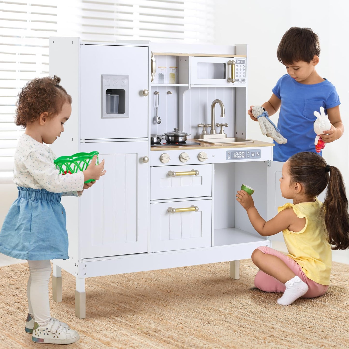 Arlopu Play Kitchen for Kids, Pretend Preschool Kitchen Sets, Wooden Cooking Playset w/Realistic Light & Sound, Telephone, Stove, Fridge, Microwave, Removable Sink, Water Dispenser (White)