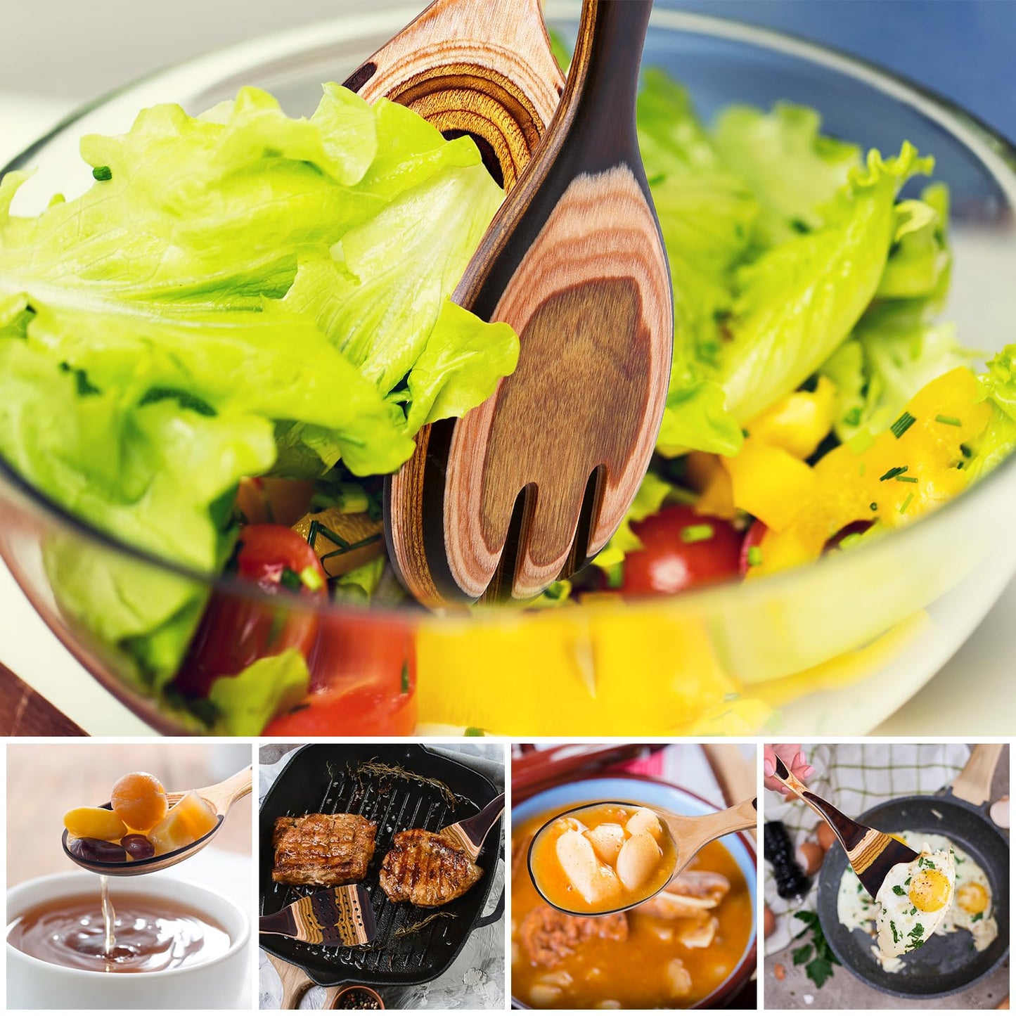 NAYAHOSE Kitchen Utensils Set for Cooking, 7 Pcs Pakkawood Wooden Cooking Spoons & Spatulas with Spoon Rest, Safe for Non-Stick Cookware, Housewarming Kitchen Gift (Brown Spoon-7pcs)