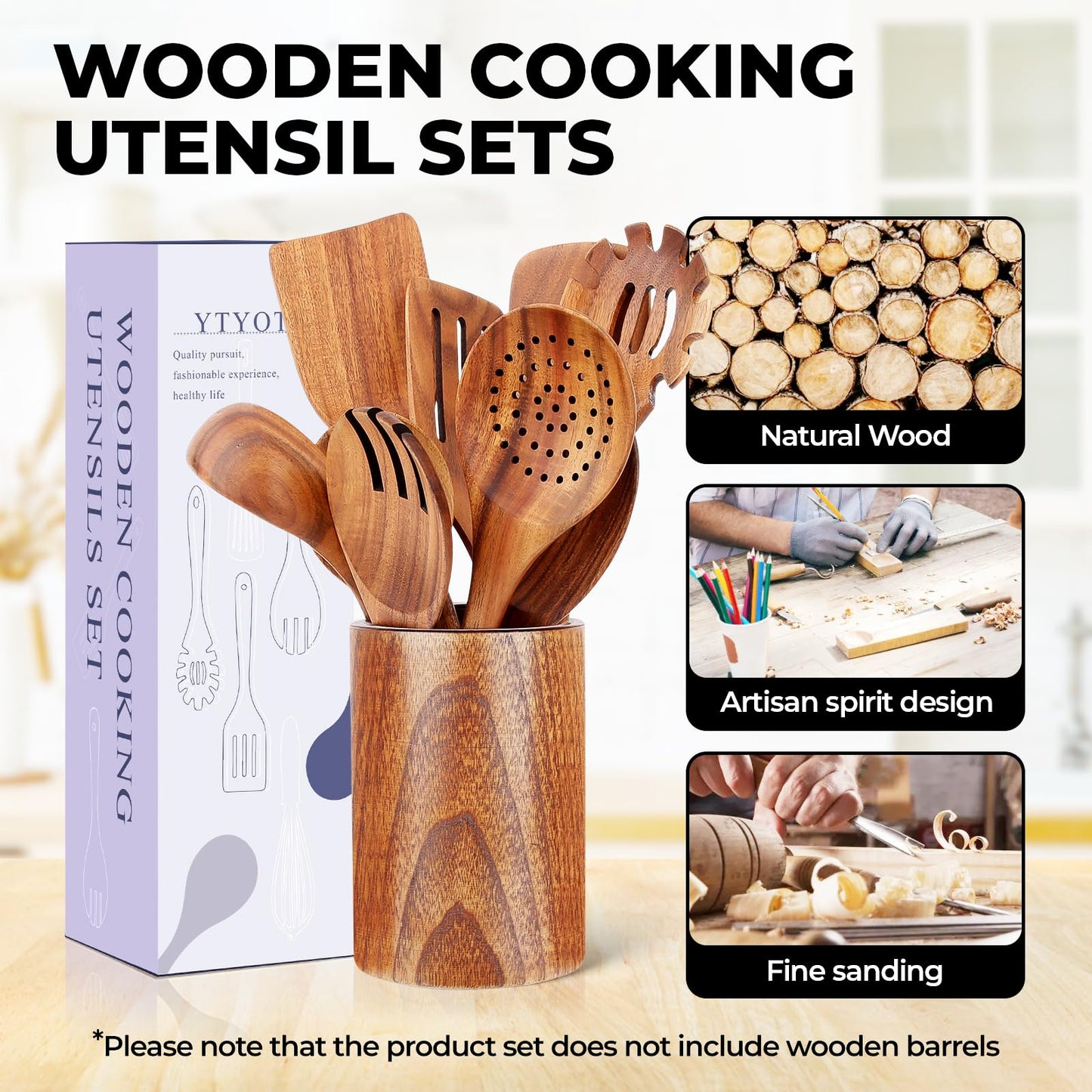 9Pcs Wooden Cooking Utensils, Wooden Spoons for Cooking, Teak Wood Kitchen Utensil Set