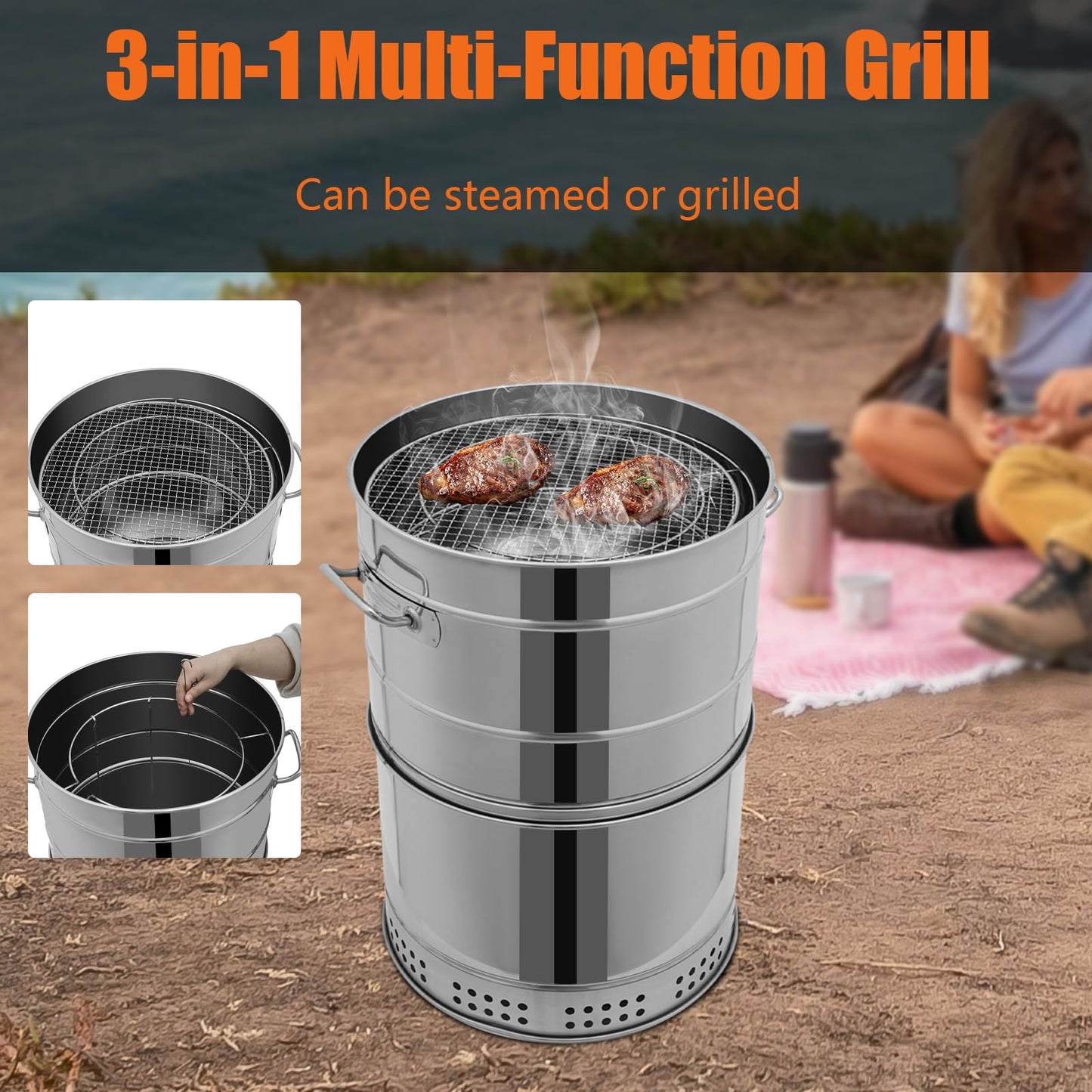 BAIODNB Large Portable Charcoal Grills, Stainless Charcoal BBQ Grill Barrel 360° Smokeless Outdoor with 50 Skewers, Boiling Pot Barbecue Smoker Grill for Travel, Outdoor Cooking and BBQ