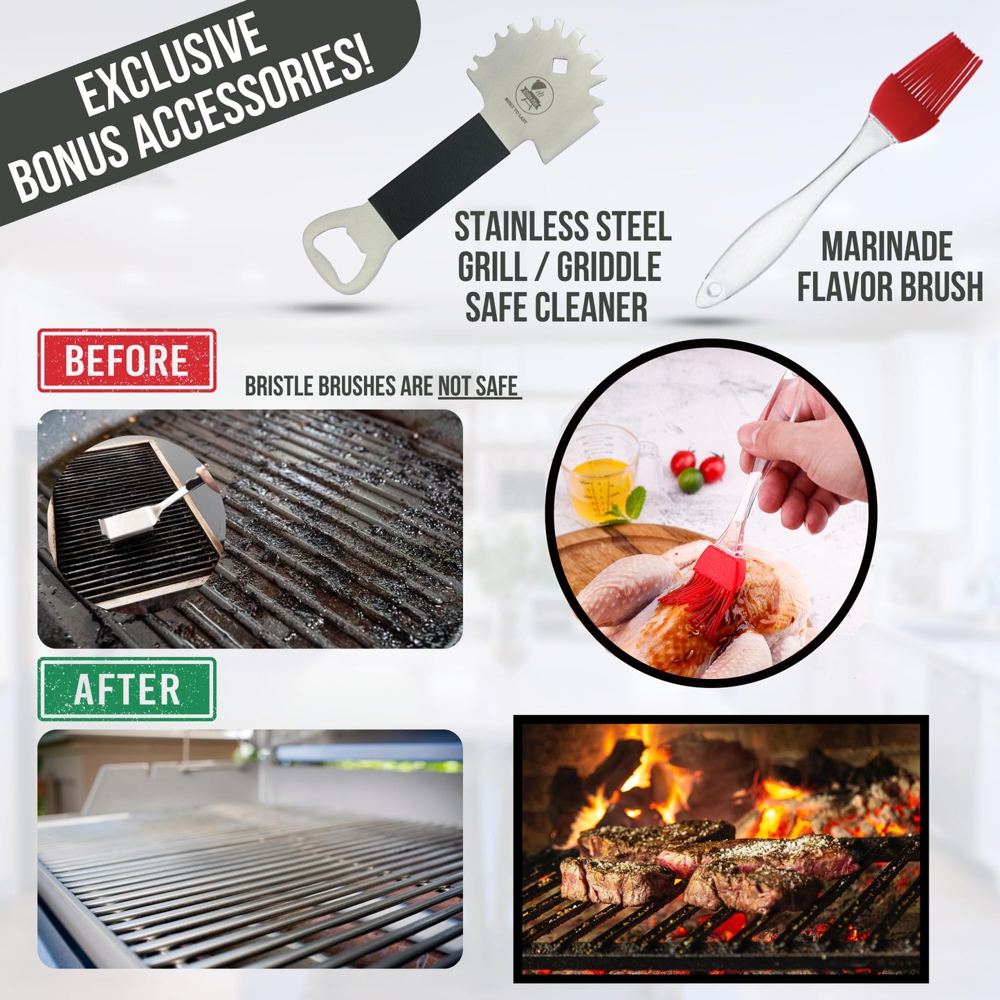 Professional Meat Injector Marinade Syringe Kit for Smoking & Grilling Turkey, Brisket & BBQ - Large 2 Oz Visible Stainless Steel Capacity - Never Leaks or Clogs + Safe Grill Cleaner & Flavor Brush