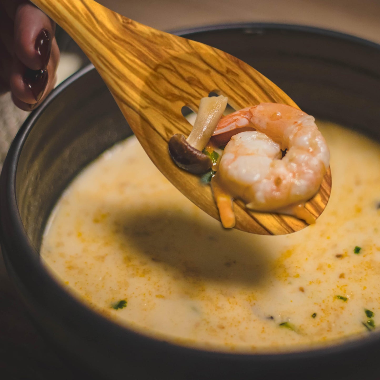 WONDERFUL 13.5 Inch Long Olive Wood Slotted Spoon, Wooden Spoons for Cooking, Healthy Stirring Serving Spoons, Mixing/Serving, Non-Stick