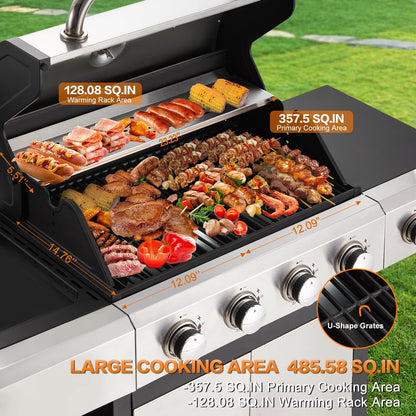 4-Burner Propane Gas Grill with Side Burner & Cabinet - 49,000 BTU Stainless Steel BBQ Grill, Porcelain-Enameled Cast Iron Grates for Outdoor Cooking, Patio & Backyard