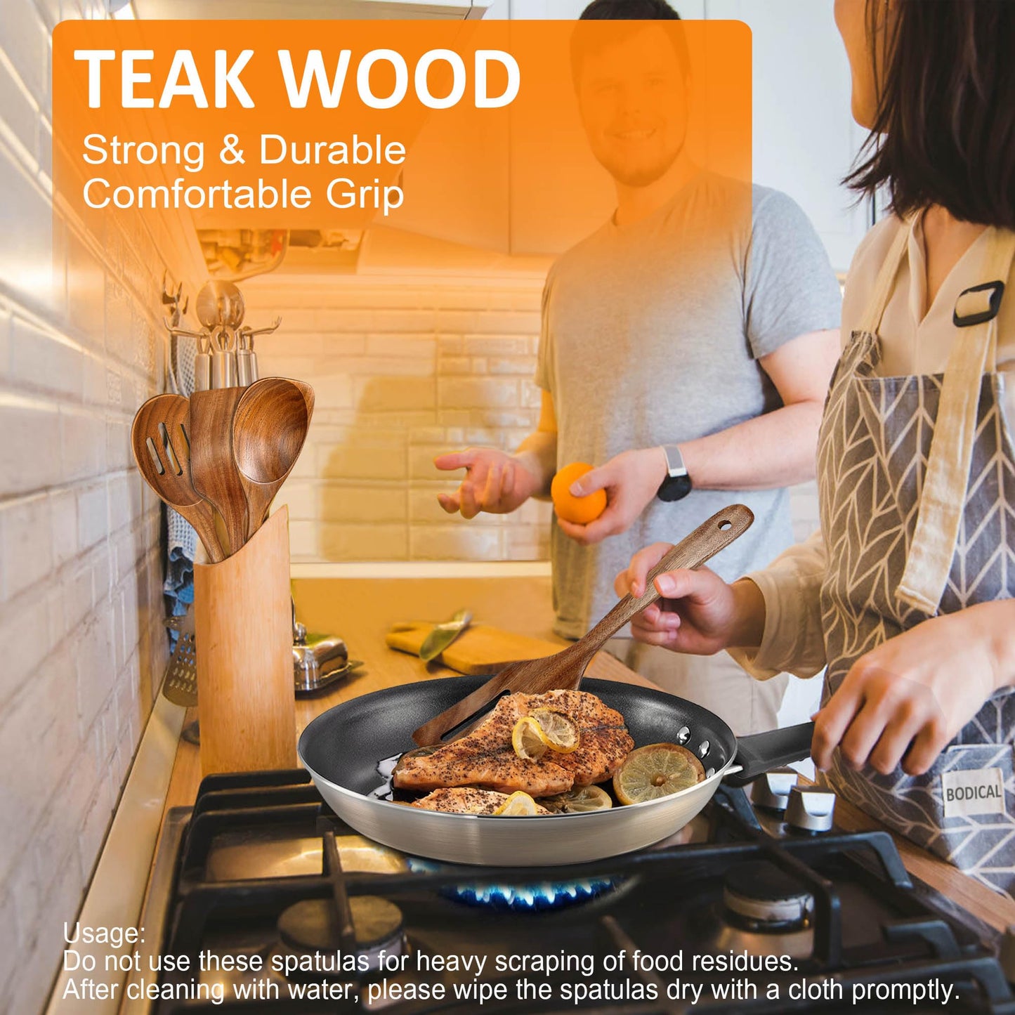 Wooden Spoons for Cooking, Teak Spatulas for Kitchen Use -Wooden Cooking Utensils Set of 4 for Nonstick Pans & Cookware – Sturdy& Heat Resistant, Includes Solid/Slotted Spatulas and Spoons